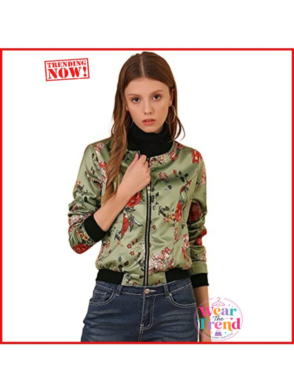 Allegra K Women's Bomber Jacket Satin Long Sleeve Floral Coat with Pocket - Picture 1 of 4